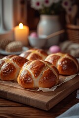 Obraz na płótnie Canvas Easter cheesy hot cross buns on tea towel with jug of flowers and candles in country kitchen