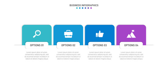 Timeline infographic with infochart. Modern presentation template with 4 spets for business process. Website template on white background for concept modern design. Horizontal layout.