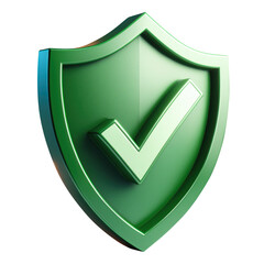 Green Shield 3d icon with checkmark, cyber security, payment safety and access symbol. Transparent PNG