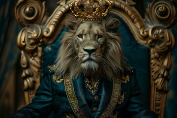 Anthropomorphic lion in a suit with gold embroidery with a golden crown sitting on a throne