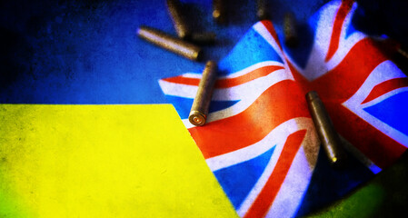 Help of Great Britain to Ukraine in the military conflict. British and Ukrainian flags. Western...
