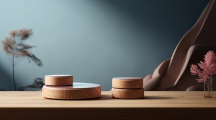 The Nudes and Mauvesback background with a wooden podium. On top of the wooden podium, two small podiums add a minimal touch to the product display