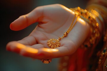 Close-up of a woman wearing gold jewelry in her hand. Generative Ai.