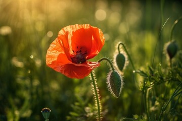 Obraz premium Field of Scarlet: A Stunning Image Featuring a Red Poppy in the Meadow, Nature's Vibrant Expression of Beauty and Tranquility. 