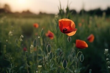 Obraz premium Field of Scarlet: A Stunning Image Featuring a Red Poppy in the Meadow, Nature's Vibrant Expression of Beauty and Tranquility. 