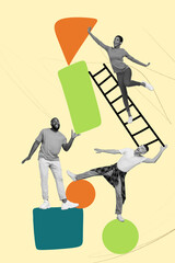 Vertical creative collage illustration monochrome effect young active smile cheerful extreme climb ladder exclusive background