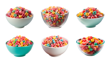 Collection bowl of colorful fruit cereals isolated on a transparent background