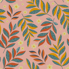 Colorful fantasy leaves on branches with small flowers form a seamless pattern for textiles. 