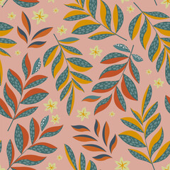 Colorful fantasy leaves on branches with small flowers form a seamless pattern for textiles. Vector.