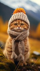 Obraz premium vertical autumn view, cute cat in autumn clothes on a landscape background, autumn joke funny picture