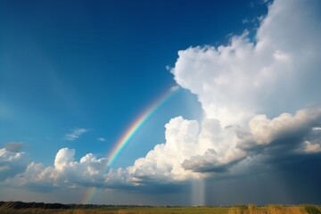 Heavenly Canvas: A Breathtaking Capture of a Blue Sky Adorned with Fluffy Clouds and a Rainbow, Nature's Majestic Artistry. 