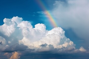 Fototapeta na wymiar Heavenly Canvas: A Breathtaking Capture of a Blue Sky Adorned with Fluffy Clouds and a Rainbow, Nature's Majestic Artistry. 