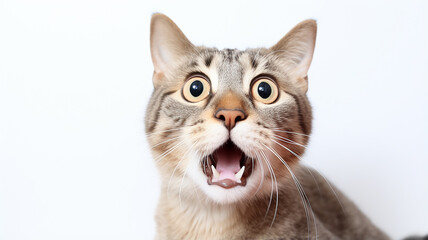 a frightened cat, an emotional portrait of fear isolated on a white background, a cat with big eyes is afraid