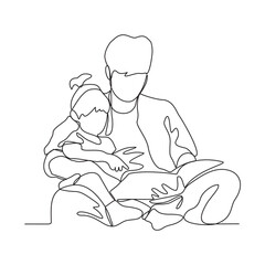 One continuous line drawing of a child is playing and learning with his father in their house vector illustration. Child and Dad study activity illustration in simple linear style vector concept.