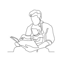 One continuous line drawing of a child is playing and learning with his father in their house vector illustration. Child and Dad study activity illustration in simple linear style vector concept.