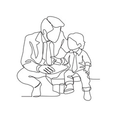 Fototapeta na wymiar One continuous line drawing of a child is playing and learning with his father in their house vector illustration. Child and Dad study activity illustration in simple linear style vector concept.