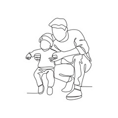 One continuous line drawing of a child is playing and learning with his father in their house vector illustration. Child and Dad study activity illustration in simple linear style vector concept.