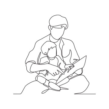 One continuous line drawing of a child is playing and learning with his father in their house vector illustration. Child and Dad study activity illustration in simple linear style vector concept.