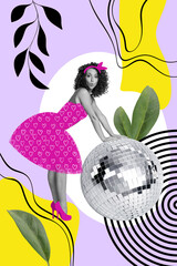 Vertical collage creative illustration black white effect cheerful lovely charm young lady hold disco ball plant exclusive colorful poster