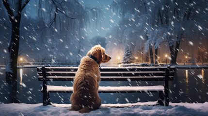 Cute dog sitting on bench in snowy park
