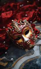 Beautiful antique venetian carnival mask laying on marble floor surrounded by red satin folds