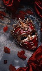 Beautiful antique venetian carnival mask laying on marble floor surrounded by red leaves satin folds