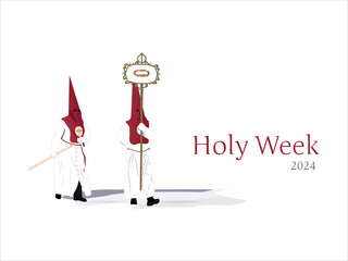 Cofrades with his habit, tunic and white glove and capirote of red color processing in holy week.white bottom.
Processions of holy week