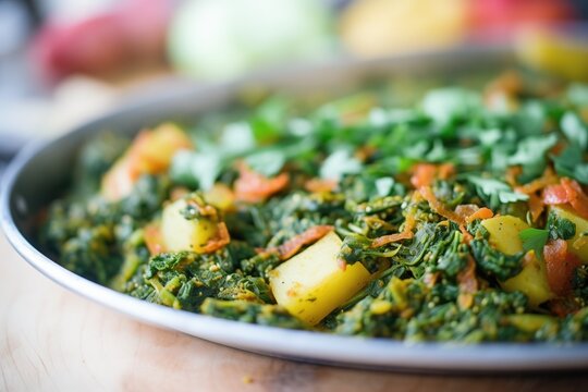 close-up of saag aloo, vibrant spinach and potatoes