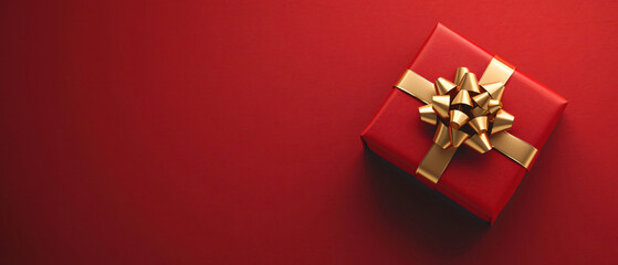 Elegant Red Gift Box. 3D Luxury Gift Box With Gold Ribbon, Top View. Copy Space.