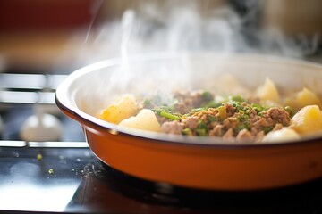 close-up of shepherds pie in a ceramic dish with steam rising