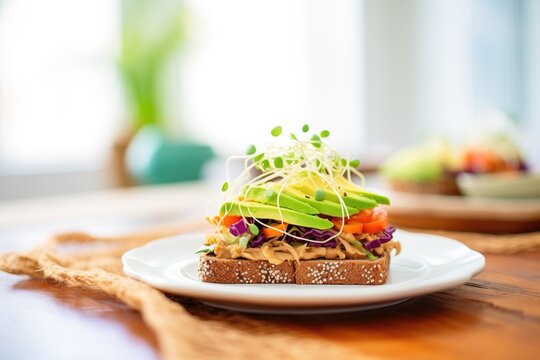 open sprouted grain bread sandwich with sprouts