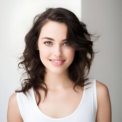 young happy long brunette woman posing and looking in camera,white background