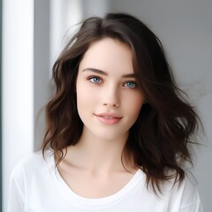 young happy long brunette woman posing and looking in camera,white background