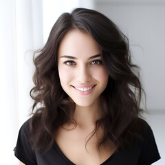 Fototapeta premium young happy long brunette woman posing and looking in camera,white background