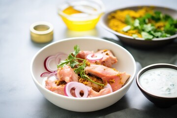 raw chicken with tandoori spices in a bowl beside yogurt