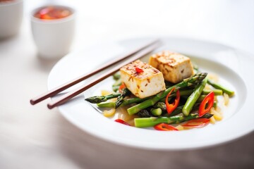 pan-seared tofu with asparagus and red chili