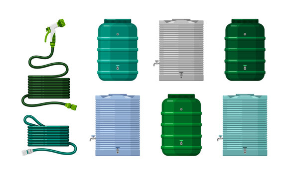 Hoses, tanks and barrels for rain water storage in garden. Big metal and plastic reservoirs with taps and green rubber pipes for irrigate plants, vector flat cartoon set isolated on white background