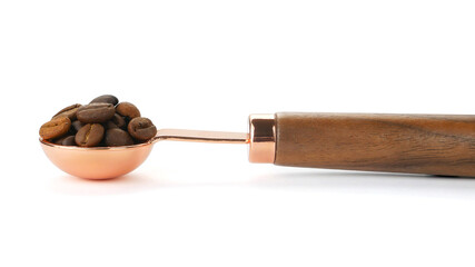 Coffee beans in spoon isolated on white background. Coffee concept.