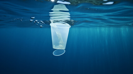 plastic cup floating underwater in the ocean sea pollution by garbage plastic problem - obrazy, fototapety, plakaty