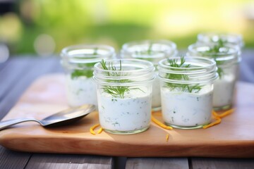 individual tzatziki servings in small glass cups