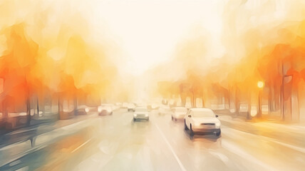 Fototapeta premium illustration orange autumn in the city, art traffic flow highway