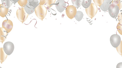 Gold, silver and white balloons with confetti. Vector illustration.