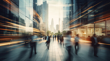 Movement of businessmen and office workers in workplaces and skyscrapers background. Ai generate.