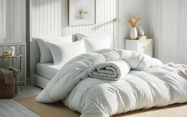 Obraz premium Luxury bedroom. King bed with white linens and pillows. Interior with view window, bed with white bed linen and curtains.