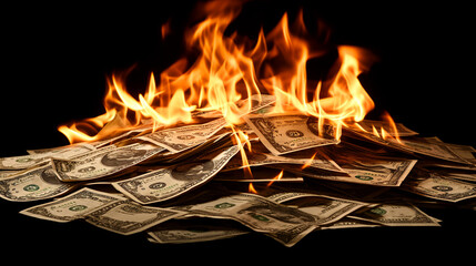 Dollar bills pile burning in close-up over black background, Burning money on fire, fiat Inflation concept
