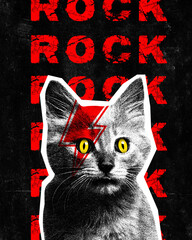 Poster. Contemporary art collage. Kitten with crazy yellow eyes and red lightning bolt on muzzle siting against background with inscription Rock. Concept of Rock-n-roll day, concert. Magazine style.