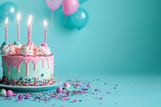 Happy birthday images : Festive Birthday Cake with Lit Candles and Colorful Sprinkles