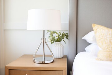 sleek chrome bedside lamp with white shade on nightstand