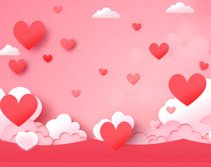 Beautiful and Romantic illustration of red and pink hearts of love and clouds wallpaper