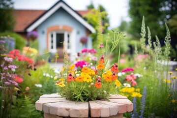 Fototapeta na wymiar cottage garden with mixed flowers and stone well